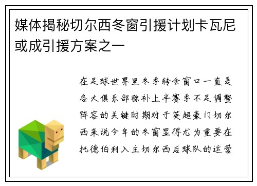 媒体揭秘切尔西冬窗引援计划卡瓦尼或成引援方案之一